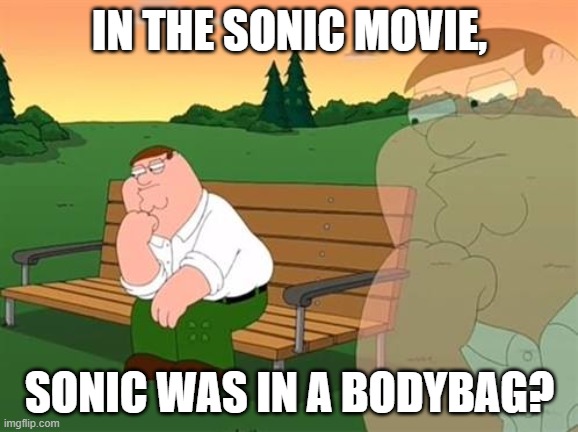 stupid question of the day | IN THE SONIC MOVIE, SONIC WAS IN A BODYBAG? | image tagged in pensive reflecting thoughtful peter griffin,random useless fact of the day | made w/ Imgflip meme maker