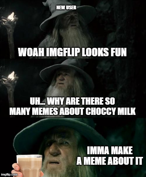 Confused Gandalf | NEW USER; WOAH IMGFLIP LOOKS FUN; UH... WHY ARE THERE SO MANY MEMES ABOUT CHOCCY MILK; IMMA MAKE A MEME ABOUT IT | image tagged in memes,confused gandalf | made w/ Imgflip meme maker