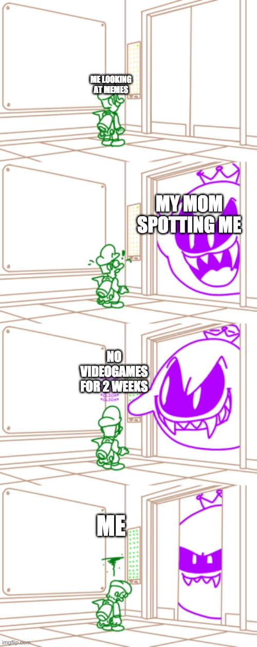 quick make an excuse | ME LOOKING AT MEMES; MY MOM SPOTTING ME; NO VIDEOGAMES FOR 2 WEEKS; ME | image tagged in king boo scares luigi | made w/ Imgflip meme maker