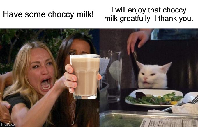 Is choccy milk even okay for cats? | Have some choccy milk! I will enjoy that choccy milk greatfully, I thank you. | image tagged in memes,woman yelling at cat | made w/ Imgflip meme maker