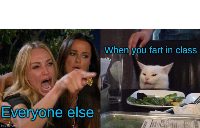 Bruh | When you fart in class; Everyone else | image tagged in memes,woman yelling at cat | made w/ Imgflip meme maker