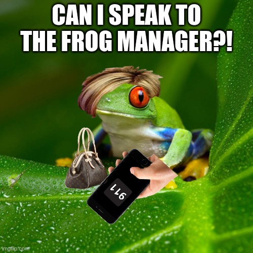 frog karen | CAN I SPEAK TO THE FROG MANAGER?! | image tagged in karen,frog | made w/ Imgflip meme maker