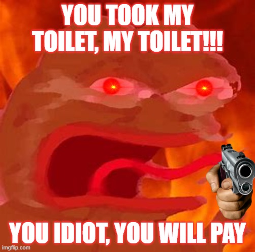 YOU TOOK MY TOILET!!! | YOU TOOK MY TOILET, MY TOILET!!! YOU IDIOT, YOU WILL PAY | image tagged in toilet | made w/ Imgflip meme maker