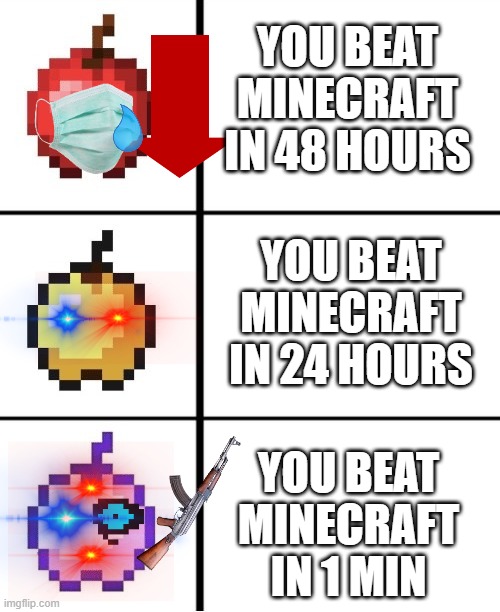 Minecraft... well if you beat this you're more than Dream. | YOU BEAT MINECRAFT IN 48 HOURS; YOU BEAT MINECRAFT IN 24 HOURS; YOU BEAT MINECRAFT IN 1 MIN | image tagged in minecraft apple format | made w/ Imgflip meme maker