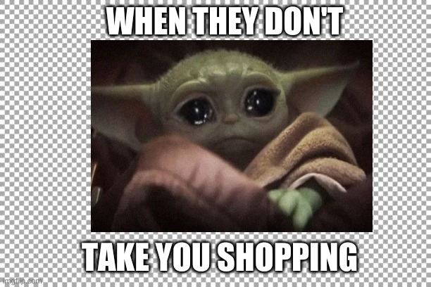 WHEN THEY DON'T; TAKE YOU SHOPPING | image tagged in crying baby yoda | made w/ Imgflip meme maker