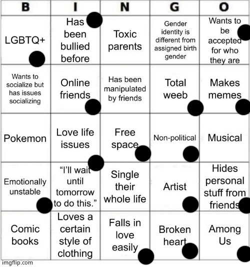 I put a black dot on the ones that are me. AND BINGO IS MY NAMEO | image tagged in jer-sama's bingo | made w/ Imgflip meme maker