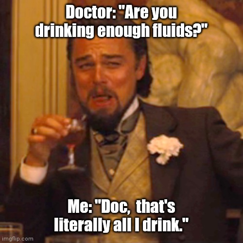 Finally decided to submit it. | Doctor: "Are you drinking enough fluids?"; Me: "Doc,  that's literally all I drink." | image tagged in memes,laughing leo,funny | made w/ Imgflip meme maker