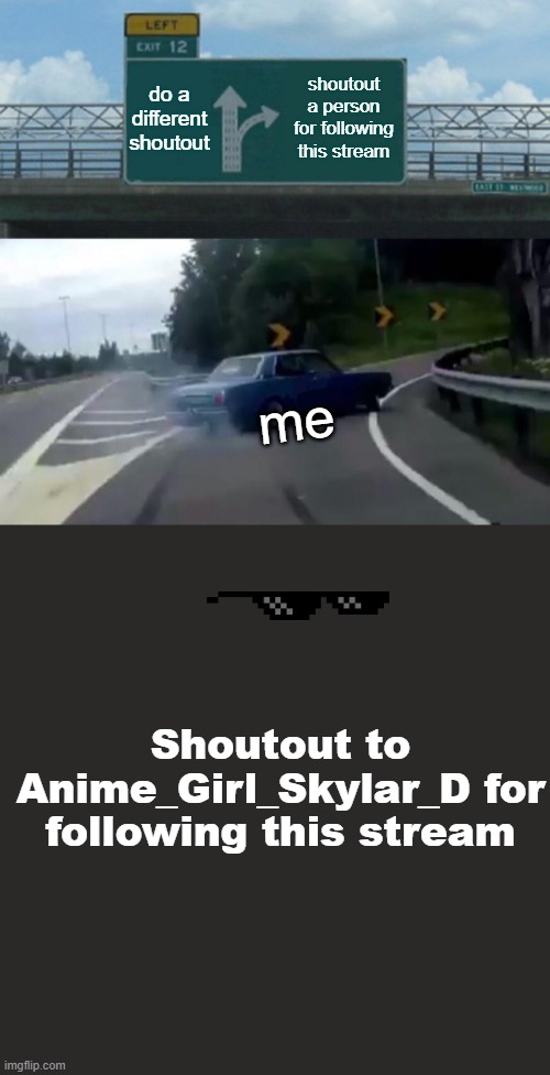 I will stop doing this once this stream gets popular | do a different shoutout; shoutout a person for following this stream; me; Shoutout to Anime_Girl_Skylar_D for following this stream | image tagged in memes,left exit 12 off ramp,blank transparent square | made w/ Imgflip meme maker