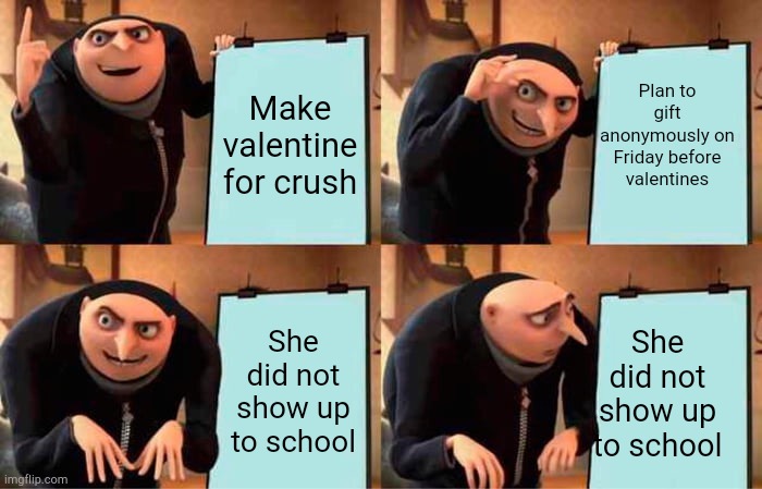 Lol whyyyyyyyy | Plan to gift anonymously on Friday before valentines; Make valentine for crush; She did not show up to school; She did not show up to school | image tagged in memes,gru's plan | made w/ Imgflip meme maker