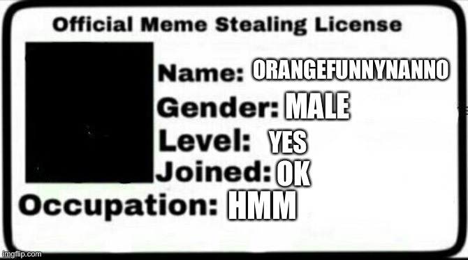 Meme Stealing License |  ORANGEFUNNYNANNO; MALE; YES; OK; HMM | image tagged in meme stealing license | made w/ Imgflip meme maker