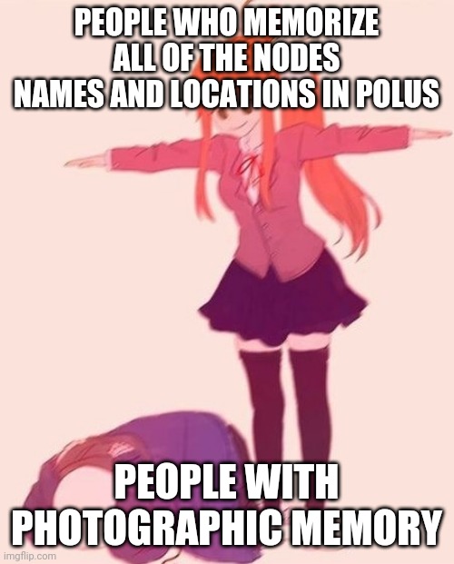 I memorized almost all of the nodes if I could stop flipping PD AND IRO. | PEOPLE WHO MEMORIZE ALL OF THE NODES NAMES AND LOCATIONS IN POLUS; PEOPLE WITH PHOTOGRAPHIC MEMORY | image tagged in anime t pose,among us,polus,henry stickmin | made w/ Imgflip meme maker