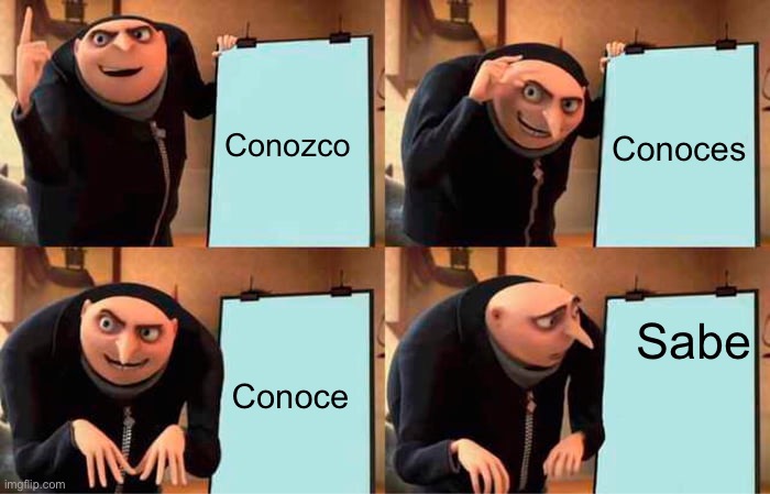 Gru's Plan Meme | Conozco; Conoces; Sabe; Conoce | image tagged in memes,gru's plan | made w/ Imgflip meme maker
