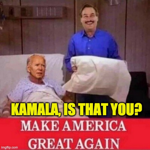 Make America Not Suck Anymore | KAMALA, IS THAT YOU? | image tagged in maga,mike lindell,biden bed | made w/ Imgflip meme maker