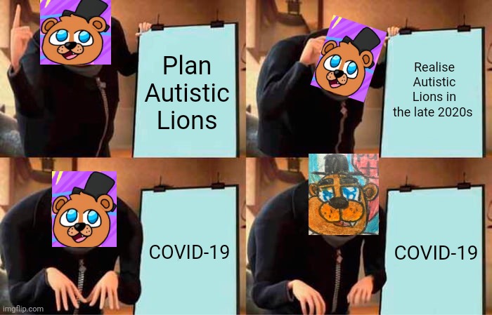 Gru's Plan Meme | Realise Autistic Lions in the late 2020s; Plan Autistic Lions; COVID-19; COVID-19 | image tagged in memes,gru's plan | made w/ Imgflip meme maker