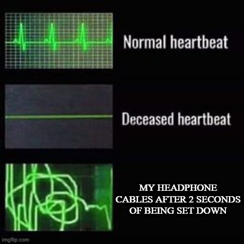 Why is this too true | MY HEADPHONE CABLES AFTER 2 SECONDS OF BEING SET DOWN | image tagged in heartbeat rate | made w/ Imgflip meme maker