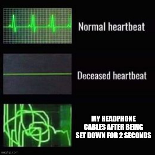 heartbeat rate | MY HEADPHONE CABLES AFTER BEING SET DOWN FOR 2 SECONDS | image tagged in heartbeat rate | made w/ Imgflip meme maker
