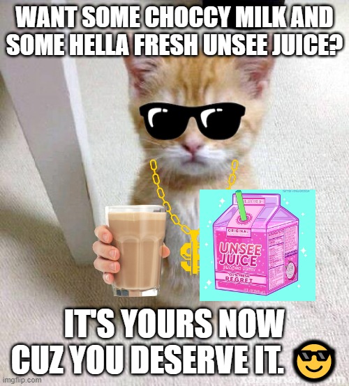 Cute Cat | WANT SOME CHOCCY MILK AND SOME HELLA FRESH UNSEE JUICE? IT'S YOURS NOW CUZ YOU DESERVE IT. 😎 | image tagged in memes,cute cat | made w/ Imgflip meme maker