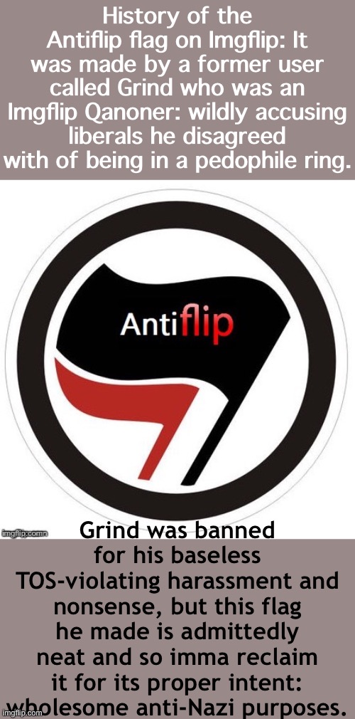 Part of this story is through the grapevine, part of it I witnessed firsthand. TL;dr thx Grind | History of the Antiflip flag on Imgflip: It was made by a former user called Grind who was an Imgflip Qanoner: wildly accusing liberals he disagreed with of being in a pedophile ring. Grind was banned for his baseless TOS-violating harassment and nonsense, but this flag he made is admittedly neat and so imma reclaim it for its proper intent: wholesome anti-Nazi purposes. | image tagged in antiflip | made w/ Imgflip meme maker