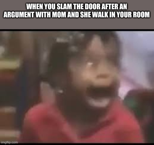 run...NOW | WHEN YOU SLAM THE DOOR AFTER AN ARGUMENT WITH MOM AND SHE WALK IN YOUR ROOM | image tagged in slam,door,oh no | made w/ Imgflip meme maker