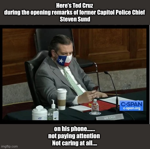 Ted Cruz | Here’s Ted Cruz 
during the opening remarks of former Capitol Police Chief 
Steven Sund; on his phone.......
not paying attention 
Not caring at all.... | image tagged in ted cruz,asshole | made w/ Imgflip meme maker