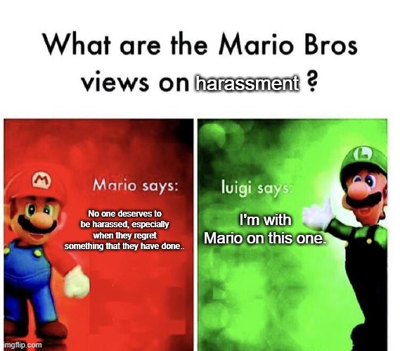 What are the Mario Bros. views on harassment? | harassment; No one deserves to be harassed, especially when they regret something that they have done.. I'm with Mario on this one. | image tagged in mario bros views | made w/ Imgflip meme maker