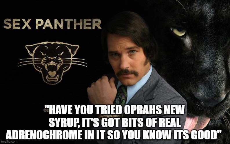 "HAVE YOU TRIED OPRAHS NEW SYRUP, IT'S GOT BITS OF REAL ADRENOCHROME IN IT SO YOU KNOW ITS GOOD" | made w/ Imgflip meme maker
