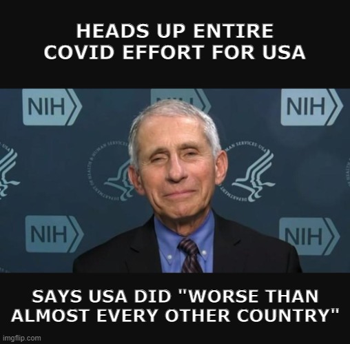 LIBERAL LUNACY 101 | HEADS UP ENTIRE COVID EFFORT FOR USA; SAYS USA DID "WORSE THAN ALMOST EVERY OTHER COUNTRY" | image tagged in fauci,covid-19 | made w/ Imgflip meme maker