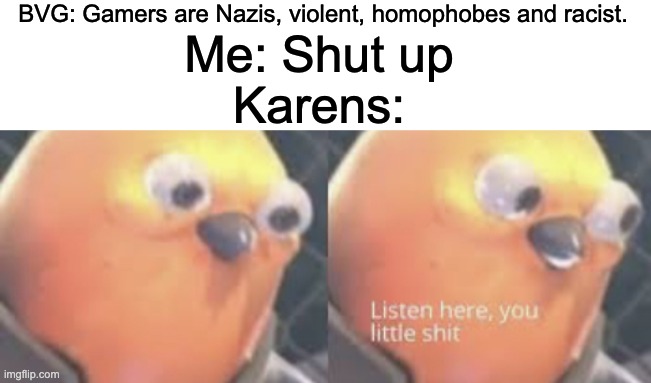 Idk | BVG: Gamers are Nazis, violent, homophobes and racist. Me: Shut up; Karens: | image tagged in listen here you little shit bird | made w/ Imgflip meme maker