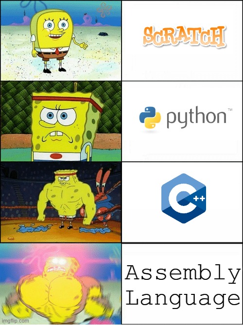 Choose your enemy well | Assembly Language | image tagged in sponge finna commit muder,programming,programmers,programming languages,pick your enemy | made w/ Imgflip meme maker
