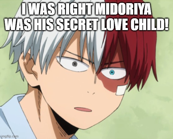 Surprised todoroki | I WAS RIGHT MIDORIYA WAS HIS SECRET LOVE CHILD! | image tagged in surprised todoroki | made w/ Imgflip meme maker