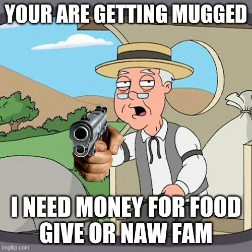 give it to me now!!! | YOUR ARE GETTING MUGGED; I NEED MONEY FOR FOOD
GIVE OR NAW FAM | image tagged in memes,pepperidge farm remembers | made w/ Imgflip meme maker