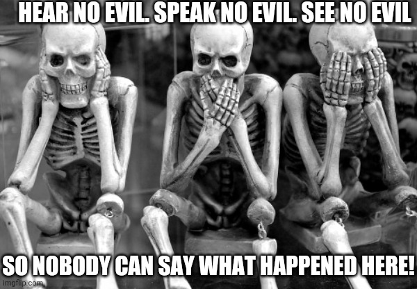 HEAR NO EVIL. SPEAK NO EVIL. SEE NO EVIL; SO NOBODY CAN SAY WHAT HAPPENED HERE! | image tagged in hear no evil speak no evil see no evil | made w/ Imgflip meme maker