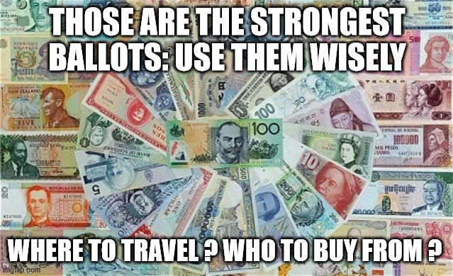 money ballot | THOSE ARE THE STRONGEST BALLOTS: USE THEM WISELY; WHERE TO TRAVEL ? WHO TO BUY FROM ? | image tagged in democracy,environment,money,society,business,travel | made w/ Imgflip meme maker