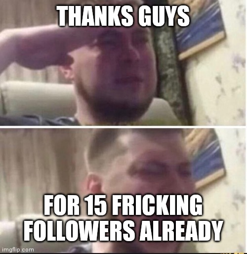 This cool | THANKS GUYS; FOR 15 FRICKING FOLLOWERS ALREADY | image tagged in crying salute | made w/ Imgflip meme maker