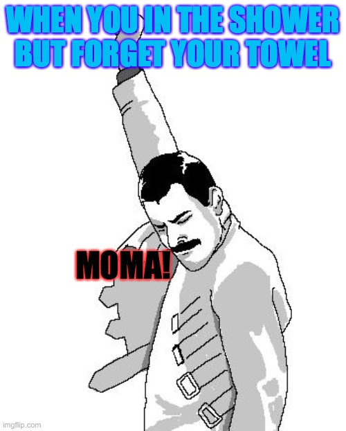 freddie mercury rage pose | WHEN YOU IN THE SHOWER BUT FORGET YOUR TOWEL; MOMA! | image tagged in freddie mercury rage pose | made w/ Imgflip meme maker