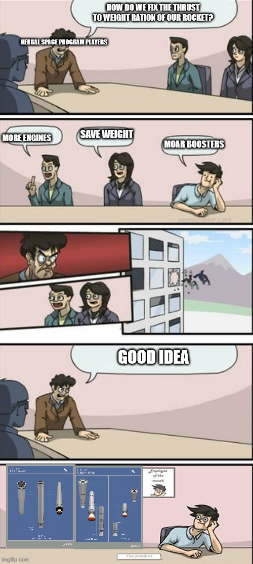 Boardroom Suggestion | HOW DO WE FIX THE THRUST TO WEIGHT RATION OF OUR ROCKET? KERBAL SPACE PROGRAM PLAYERS; SAVE WEIGHT; MORE ENGINES; MOAR BOOSTERS; GOOD IDEA | image tagged in boardroom suggestion | made w/ Imgflip meme maker