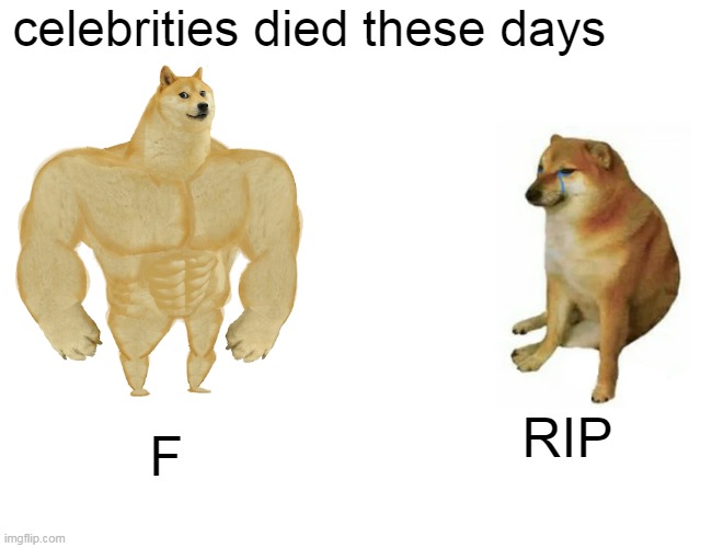 Press F | celebrities died these days; F; RIP | image tagged in memes,buff doge vs cheems,doge,cheems | made w/ Imgflip meme maker