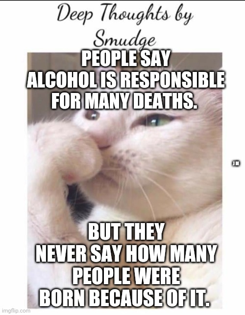 Smudge | PEOPLE SAY ALCOHOL IS RESPONSIBLE FOR MANY DEATHS. J M; BUT THEY NEVER SAY HOW MANY PEOPLE WERE BORN BECAUSE OF IT. | image tagged in smudge | made w/ Imgflip meme maker