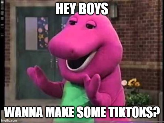 Barny | HEY BOYS WANNA MAKE SOME TIKTOKS? | image tagged in barny | made w/ Imgflip meme maker