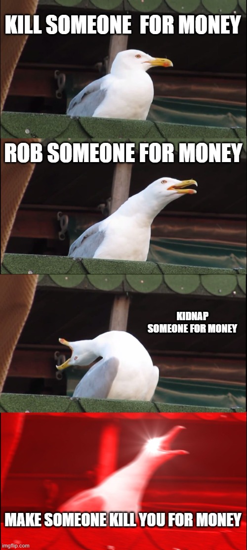 Inhaling Seagull Meme | KILL SOMEONE  FOR MONEY; ROB SOMEONE FOR MONEY; KIDNAP SOMEONE FOR MONEY; MAKE SOMEONE KILL YOU FOR MONEY | image tagged in memes,inhaling seagull | made w/ Imgflip meme maker