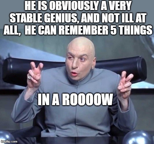 Dr Evil air quotes | HE IS OBVIOUSLY A VERY STABLE GENIUS, AND NOT ILL AT ALL,  HE CAN REMEMBER 5 THINGS IN A ROOOOW | image tagged in dr evil air quotes | made w/ Imgflip meme maker