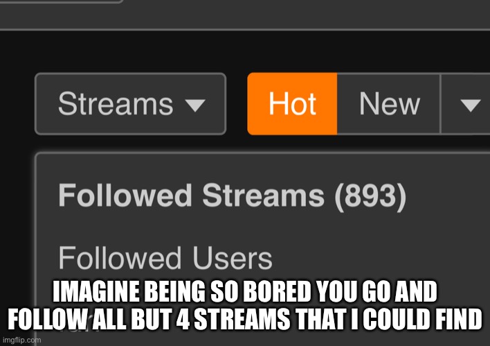 Make that 894 | IMAGINE BEING SO BORED YOU GO AND FOLLOW ALL BUT 4 STREAMS THAT I COULD FIND | made w/ Imgflip meme maker
