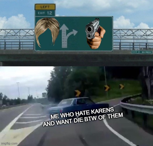 Left Exit 12 Off Ramp | ME WHO HATE KARENS AND WANT DIE BTW OF THEM | image tagged in memes,left exit 12 off ramp | made w/ Imgflip meme maker