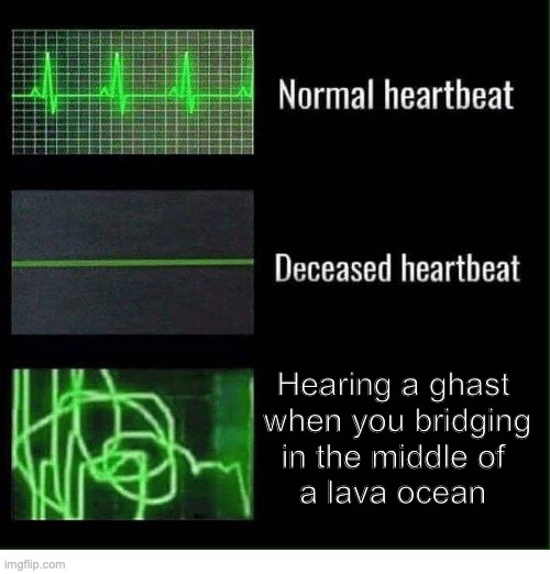 our heartbeat | Hearing a ghast
 when you bridging
 in the middle of 
a lava ocean | image tagged in normal heartbeat deceased heartbeat | made w/ Imgflip meme maker