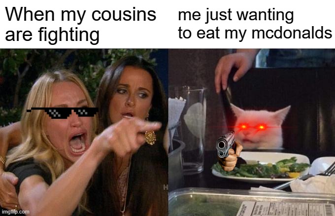 Woman Yelling At Cat | me just wanting to eat my mcdonalds; When my cousins are fighting | image tagged in memes,woman yelling at cat | made w/ Imgflip meme maker