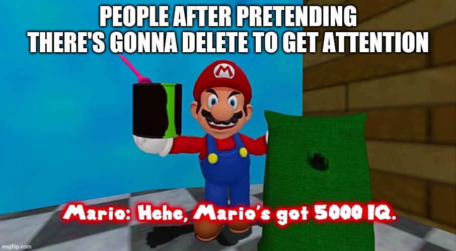 Hehe. Marios got 5000 IQ | PEOPLE AFTER PRETENDING THERE'S GONNA DELETE TO GET ATTENTION | image tagged in hehe marios got 5000 iq | made w/ Imgflip meme maker