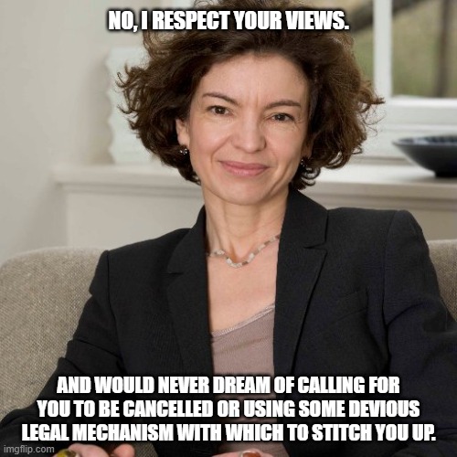 Simor | NO, I RESPECT YOUR VIEWS. AND WOULD NEVER DREAM OF CALLING FOR YOU TO BE CANCELLED OR USING SOME DEVIOUS LEGAL MECHANISM WITH WHICH TO STITCH YOU UP. | image tagged in jess simor,lawyer,liberal,twitter | made w/ Imgflip meme maker