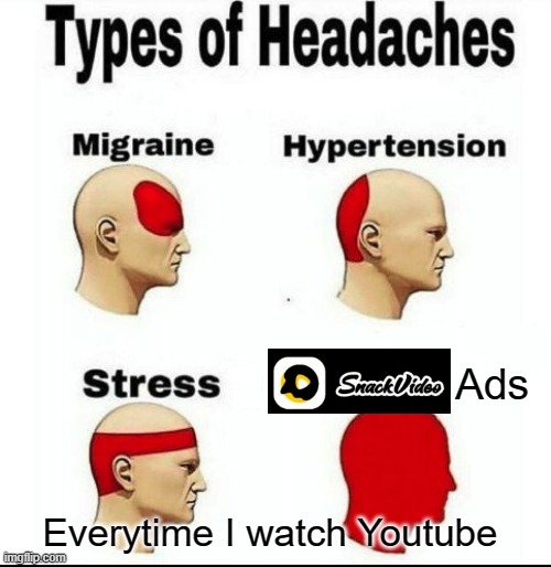 Everytime I watch Youtube | Ads; Everytime I watch Youtube | image tagged in types of headaches meme,ads,youtube | made w/ Imgflip meme maker