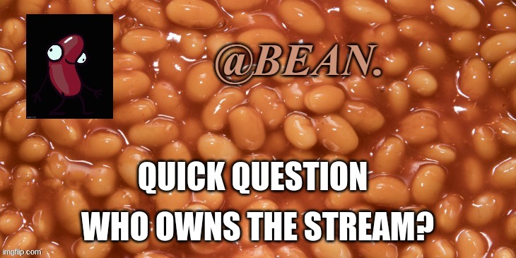 I have no idea how to breathe | QUICK QUESTION; WHO OWNS THE STREAM? | image tagged in bean announcement,read title | made w/ Imgflip meme maker