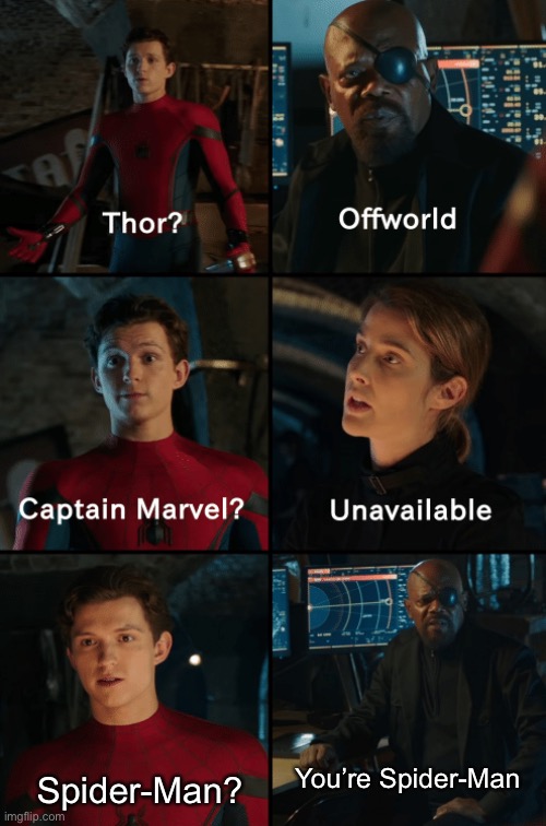 *Facepalms* |  Spider-Man? You’re Spider-Man | image tagged in thor off-world captain marvel unavailable,spiderman,memes,funny | made w/ Imgflip meme maker